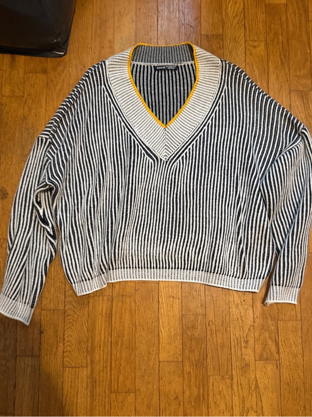 SHEIN Black & White Striped V-Neck Sweater with Yellow Trim